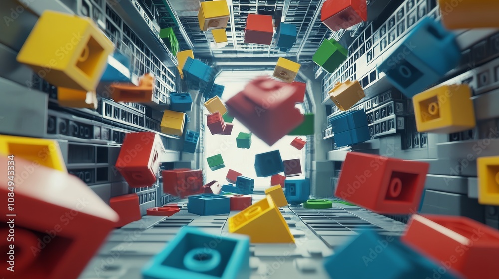 Poster a creative building blocks scene in a futuristic space station, blocks arranged in zero gravity, spa