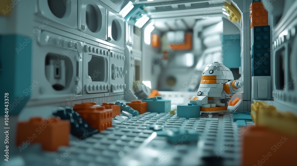 Poster a creative building blocks scene in a futuristic space station, blocks arranged in zero gravity, spa