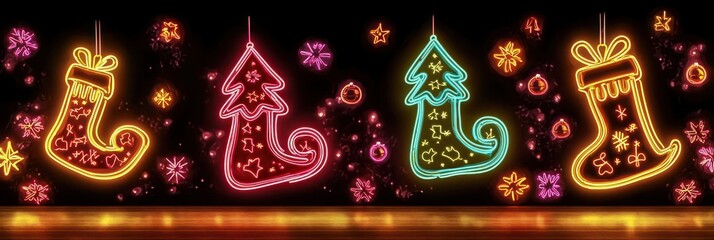 Lively 1980s-style Christmas banner with neon lights shaped like trees and stockings, set against a rich, dark background for a dynamic retro feel.