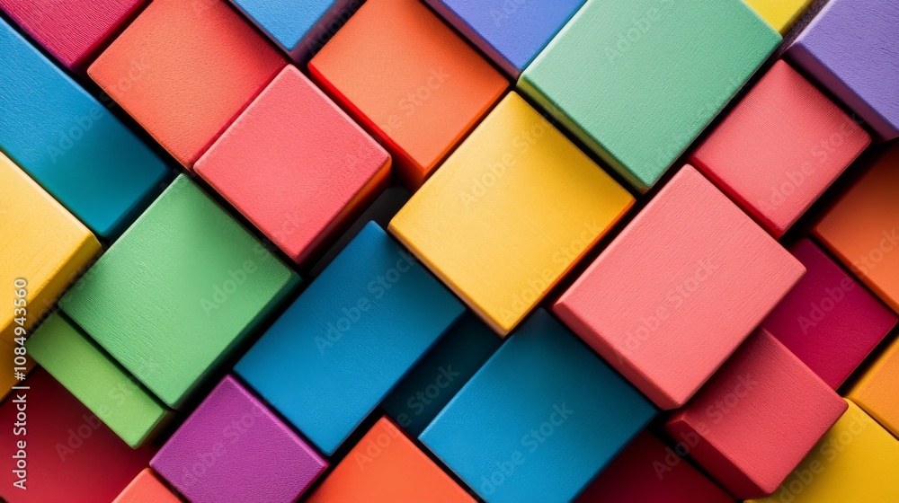 Poster a creative building blocks scene in a minimalist studio, colorful blocks arranged in a pattern, cont