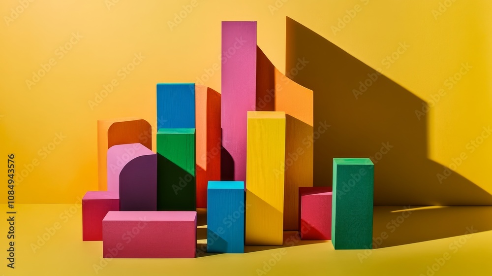 Poster A creative building blocks scene in a minimalist studio, Colorful blocks arranged in a pattern, Contemporary artistry style
