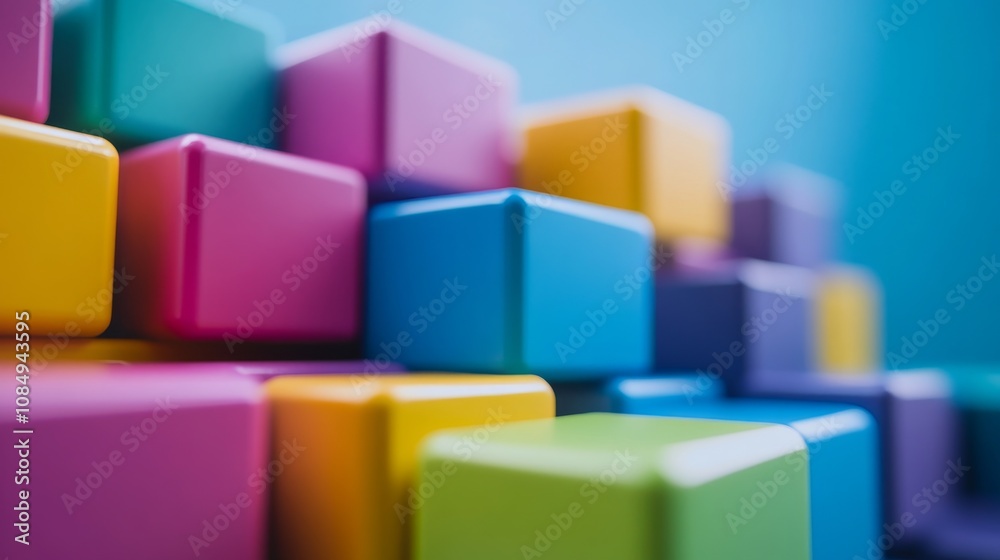 Poster A creative building blocks scene in a minimalist studio, Colorful blocks arranged in a pattern, Contemporary artistry style