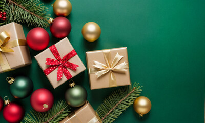Season's greetings scene. Top-view of boxes tied with bows, Christmas decorations, balls, rustic star, holly berries, frosty spruce branches, confetti on green backdrop, perfect for messages or promo