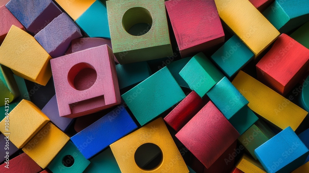 Poster a creative composition featuring a playful block-building scene, colorful blocks meticulously arrang