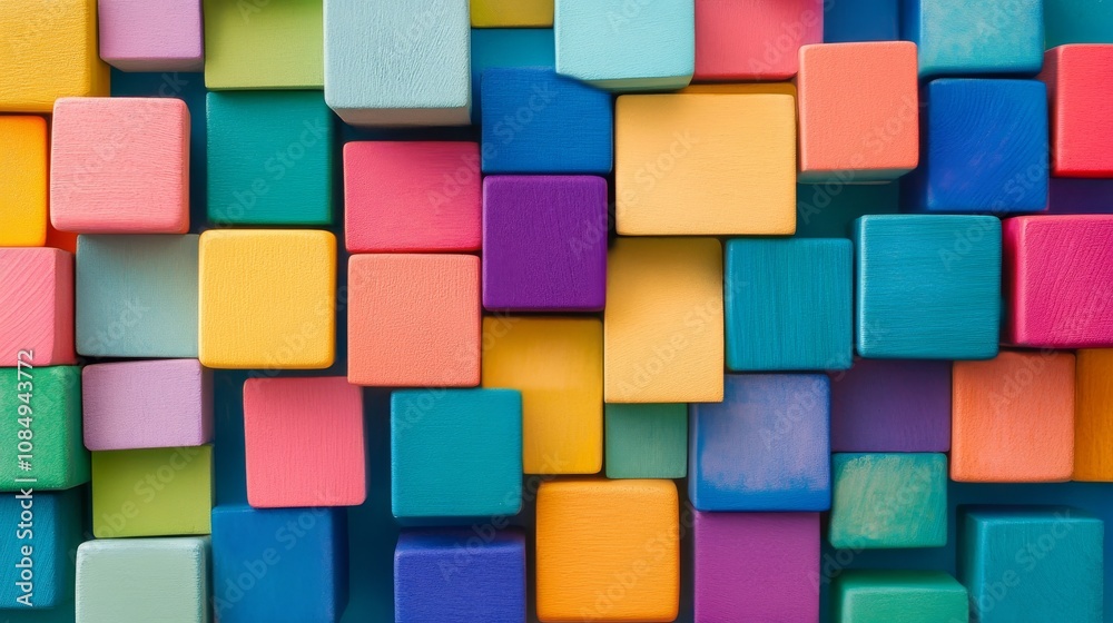 Aufkleber a creative composition featuring a playful block-building scene, colorful blocks meticulously arrang