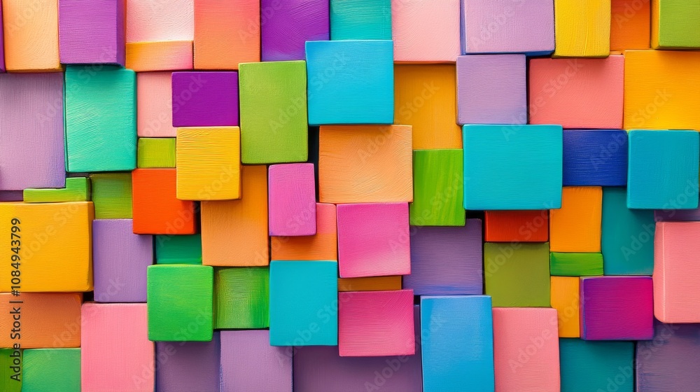 Poster a creative composition featuring a playful block-building scene, colorful blocks meticulously arrang