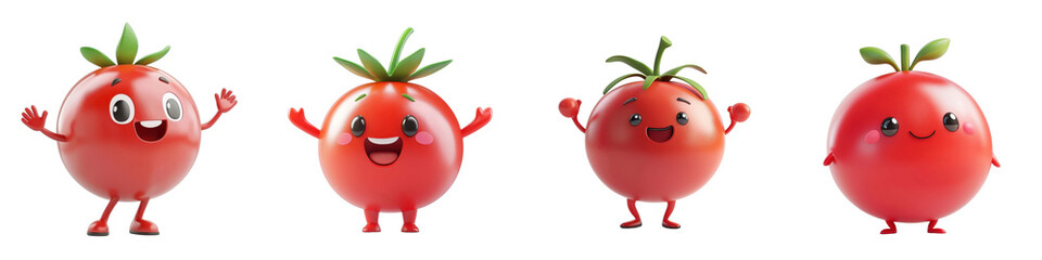 3D cartoon tomato, playful character isolated on white background.  Collection Set Png.