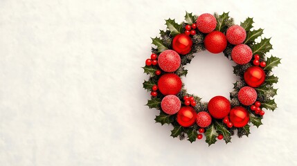 Festive Christmas wreath adorned with red ornaments and holly leaves, perfect for holiday decor.