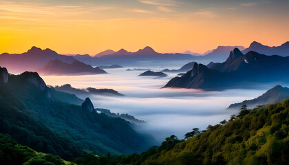 Obraz premium Majestic sunrise over fog-covered mountain peaks nature landscape outdoor serenity scenic viewpoint captivating atmosphere