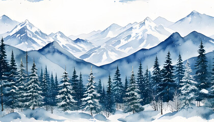 Tranquil snow-covered mountains and pine trees minimalist watercolor artwork soft blue and white tones serene nature scene