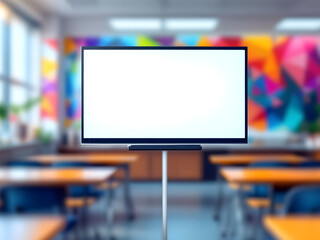 An image of a modern interactive whiteboard in a brightly lit, abstract classroom setting. The classroom should blur into a colorful, geometric pattern, leaving the whiteboard in sharp focus.