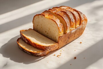 A slice of bread is cut in half and placed on a white table