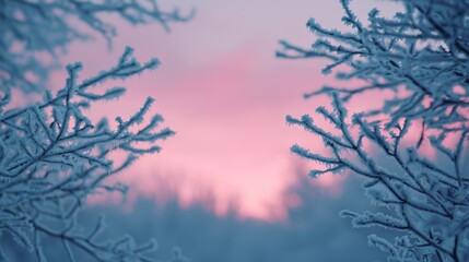 Obraz premium A serene winter scene featuring frosty branches against a pastel pink and blue sky at dawn.
