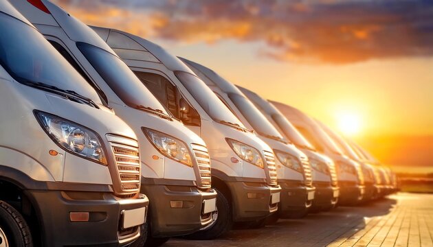 A fleet of white delivery vans parked in a row, illuminated by a warm sunset, showcasing a blend of transportation and logistics.