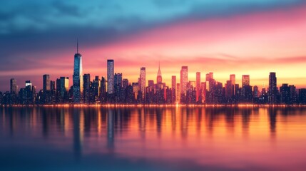 Fototapeta premium A stunning skyline at dusk, showcasing vibrant colors reflected in the water, highlighting a modern cityscape.