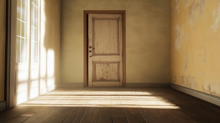 Fototapeta premium A dramatic scene with a doorway in an old building, bathed in sunlight that casts a stark shadow. The atmosphere is moody and mysterious.