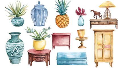 Watercolor vector set featuring diverse home decor and furniture elements.