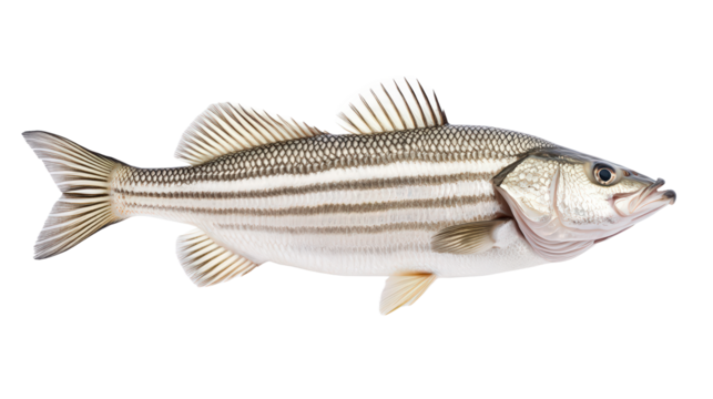 Fresh striped bass fish on transparent on white background.