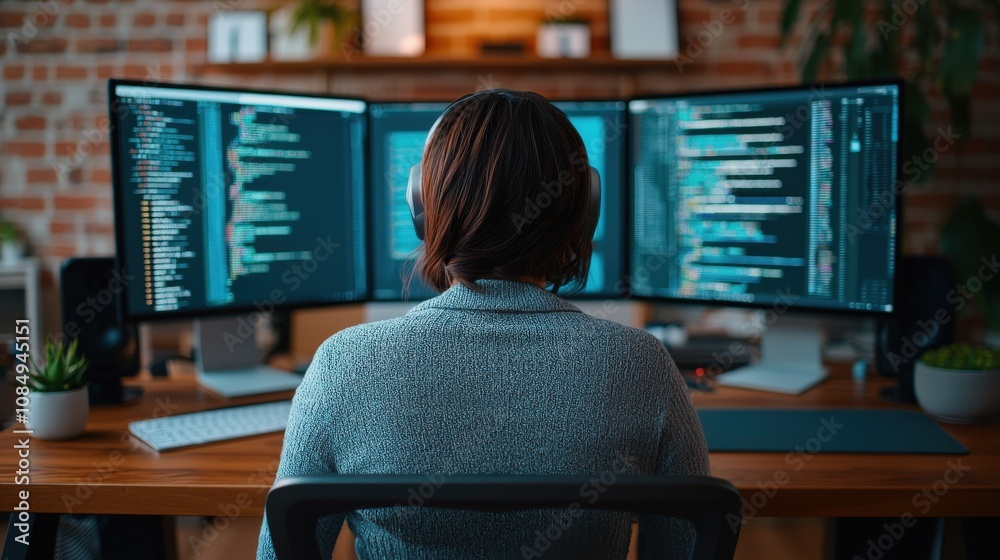 Poster coding session with multiple monitors home office digital content modern environment perspective on 
