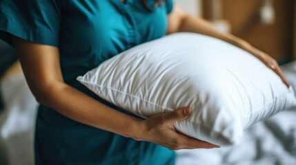 Woman in Teal Shirt Holding a White Pillow