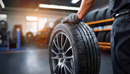 A mechanic holds a new tire in a well-lit garage filled with stacked tires, highlighting automotive maintenance and repair.