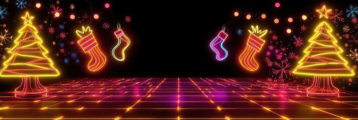 Lively 1980s-style Christmas banner with neon lights shaped like trees and stockings, set against a rich, dark background for a dynamic retro feel.