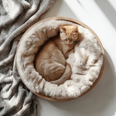 Soft minimalist pet bed with a furry blanket in top view.