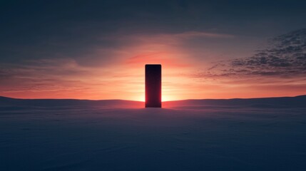 A monolithic structure stands alone against a dramatic sunset, casting a striking silhouette on a vast, serene landscape.