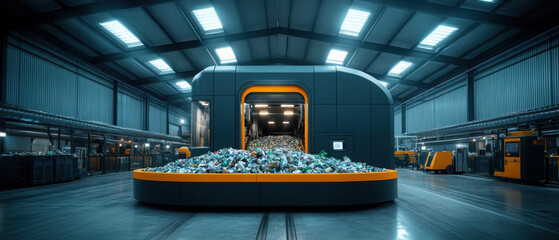 A modern waste recycling facility featuring a sleek design, processing a large volume of materials with advanced technology.