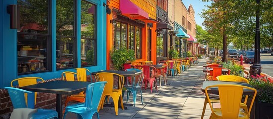 Colorful cafe with outdoor seating on a sunny day.