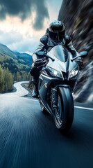 A gray sport motobike is being driven by an attractive male rider wearing black gear. The motobike has a very high speed, 