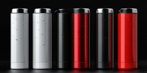 Fototapeta premium White, Black, Red and Silver Empty Glossy Metal Thermos Water Bottle