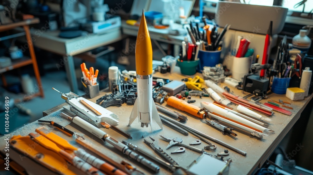 Poster a detailed model rocket construction area in a garage, rocket parts and tools neatly arranged, scien
