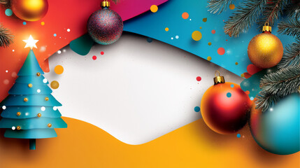 vibrant Christmas themed background featuring decorated tree, colorful ornaments, and festive elements, perfect for holiday greetings