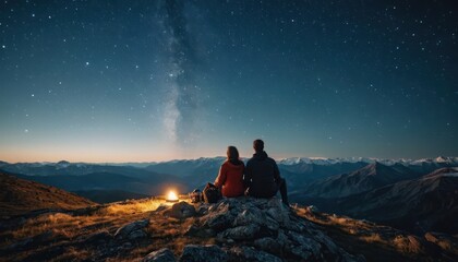 Fototapeta premium Couple sitting on a mountain under a starlit sky. Outdoor astronomy hobby