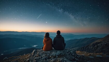 Couple sitting on a mountain under a starlit sky. Outdoor astronomy hobby