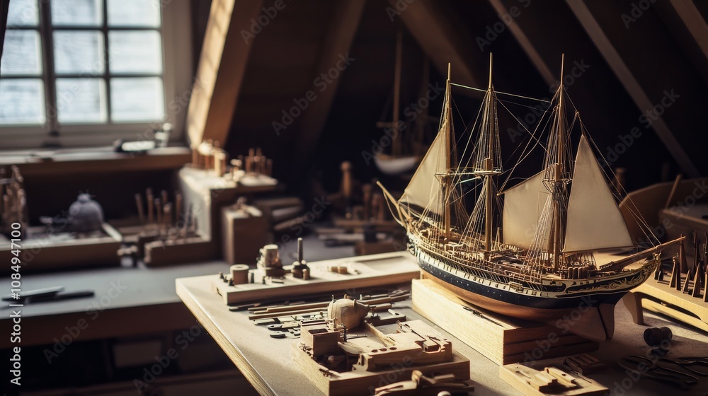 Poster a detailed model shipbuilding station in a quiet attic, model ship kits and tools neatly arranged, m
