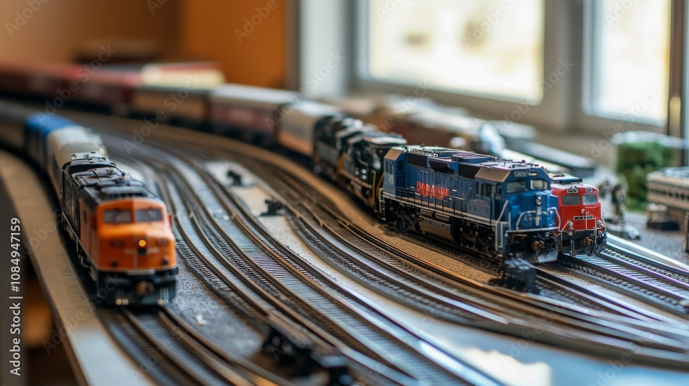 Poster a detailed model train setup in a hobby room, model trains and tracks neatly organized on a table, m
