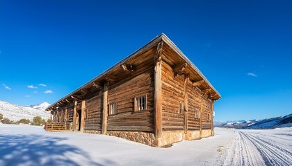 荒野の中に建つ西部風の木造の酒場、背景には広がる白い雪原と青空が広がり、静かな冬の西部の風景が広がる。

