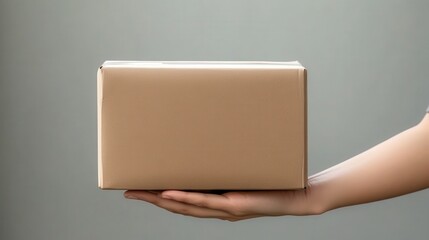 Fototapeta premium A person holds a plain brown cardboard box against a neutral background, suggesting themes of delivery, packaging, or gifting.