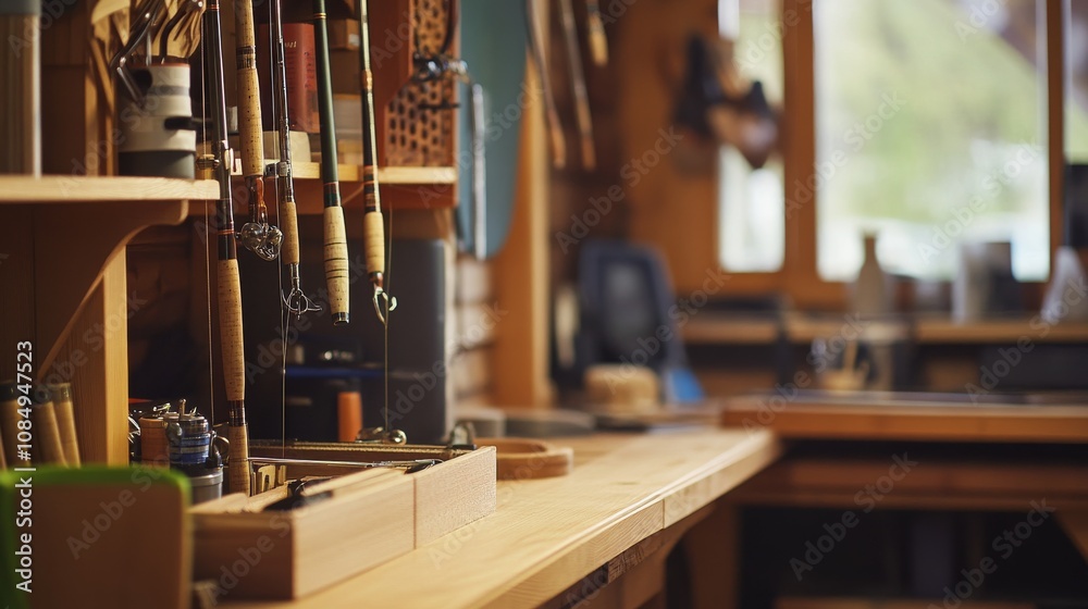 Poster a detailed room with a setup for making custom fishing rods, featuring various rod components, tools
