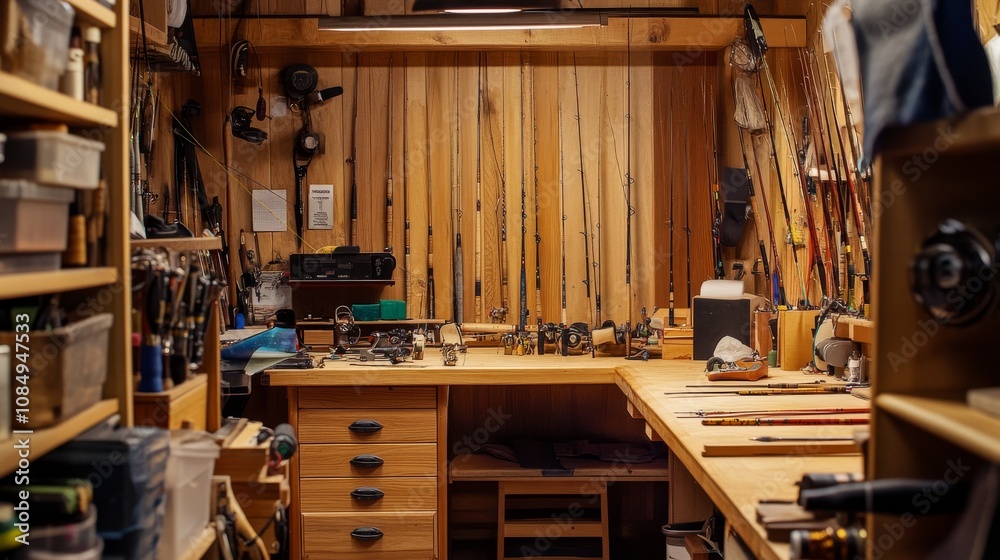 Poster a detailed room with a setup for making custom fishing rods, featuring various rod components, tools