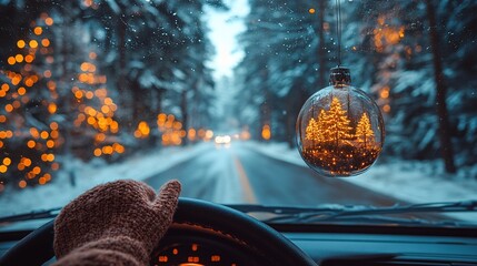 interior car long suburban road Christmas time over shoulder of man driving through window