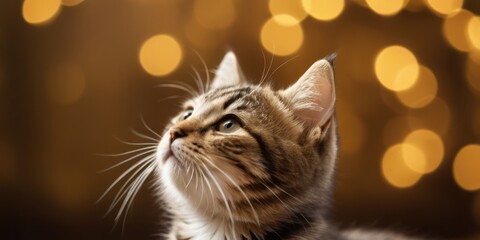 A cute kitten is looking up. Close-up of side view head, blurred golden bokeh background.