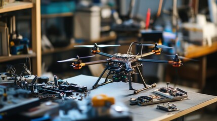 A detailed studio with setups for building custom drones, featuring frames, electronics