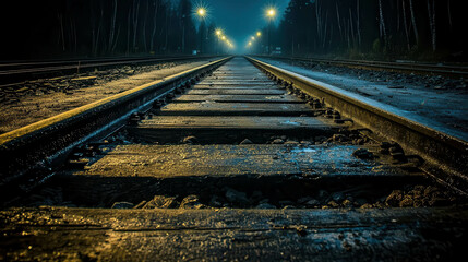 Obraz premium Tranquil Night Scene of Train Tracks Stretching into the Fog with Street Lights Illuminating the Pathway in a Serene Forest Setting