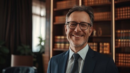 Fototapeta premium Confident Lawyer in Professional Attire, Smiling in His Workspace Filled with Legal Books and Documents, Embodying Dedication and Expertise