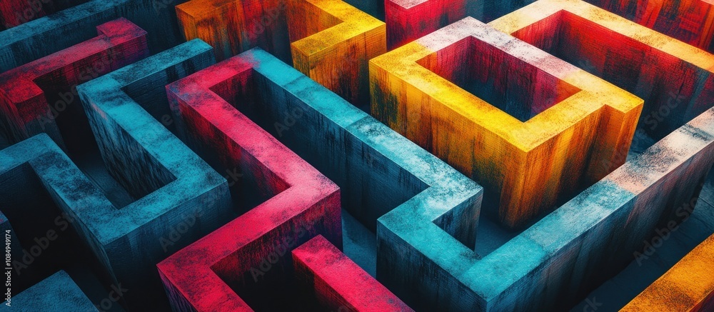 Wall mural abstract 3d maze with colorful paths.