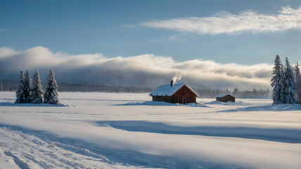 Embrace the serene beauty of winter as a cozy cabin stands resilient amidst a pristine snowy landscape. Nature's tranquility invites us to pause and reflect.
