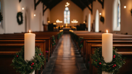 Obraz premium candle church new year light festive. serene church interior with candles and festive decor
